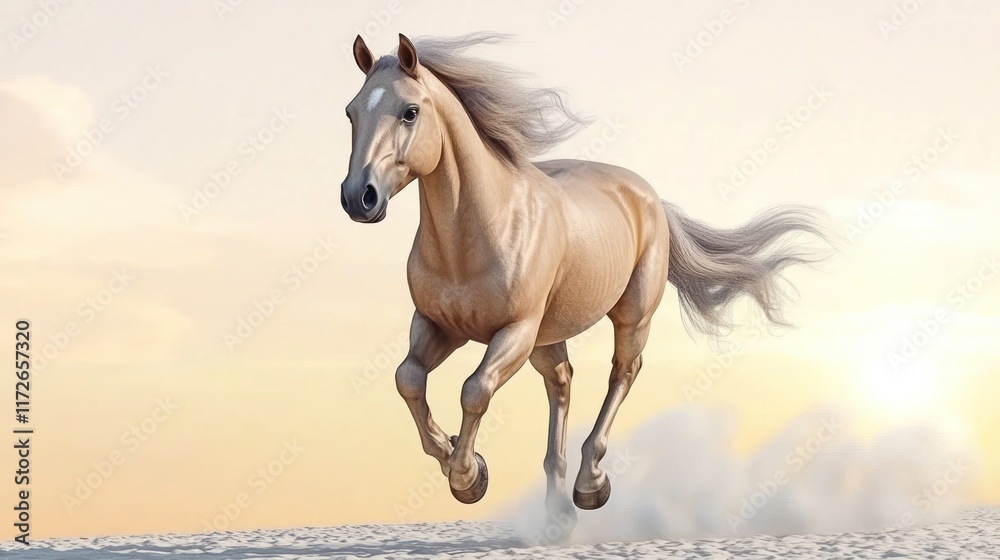 Fototapeta premium A majestic horse galloping across a sandy landscape at sunset.