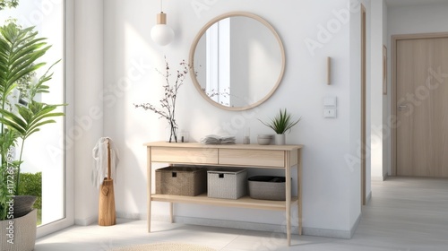 Modern entryway with a console table and decorative elements.