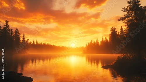 16. A sunset over a still lake, with silhouettes of trees framing the golden hues in the sky