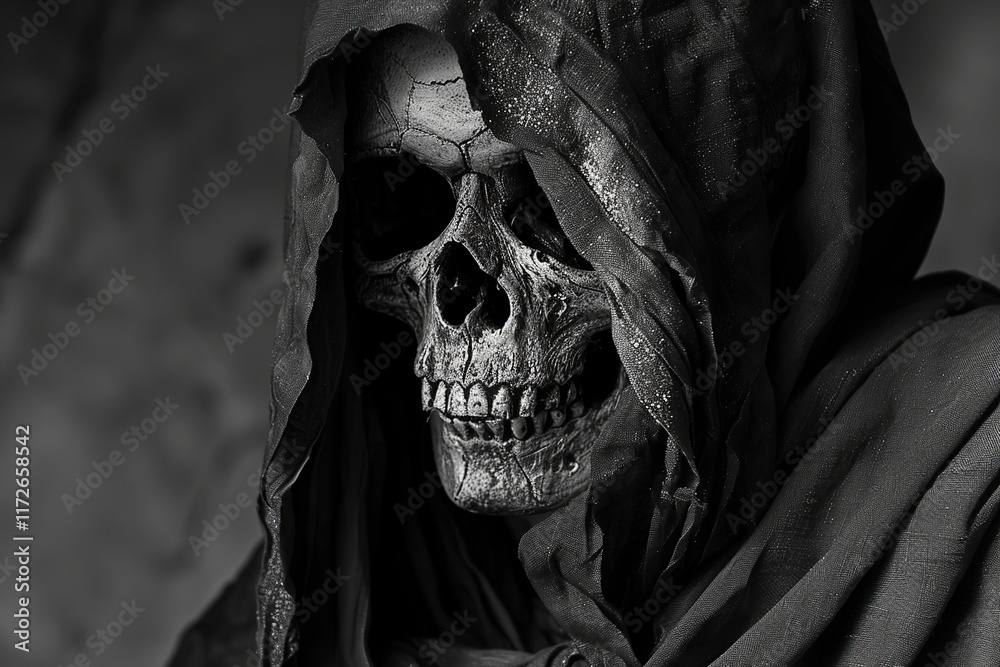Scary grim reaper with sharp scythe in hell with dark dramatic color, abstract vivid composition consists of fictional unreal fantastic vision on background Scary grim reaper with sharp scythe in hell with dark dramatic color, abstract vivid composition consists of fictional unreal fantastic vision on background