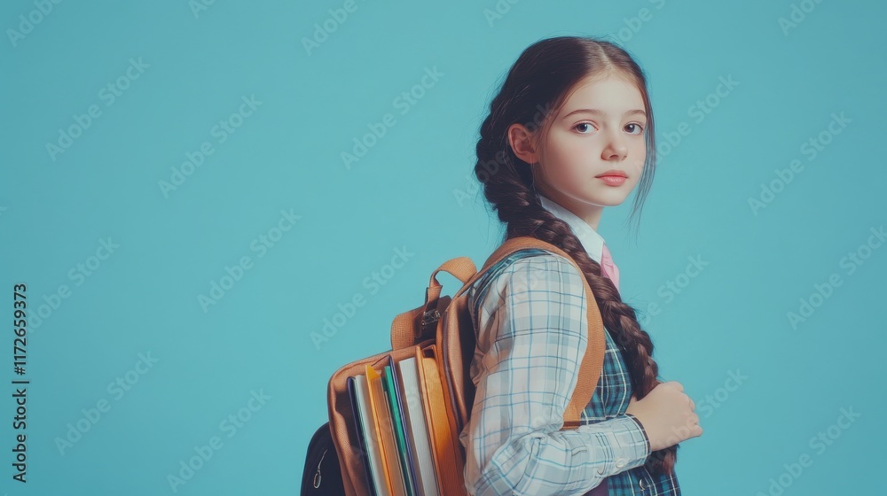 Back to school. Schoolgirl with schoolbag and books on isolated studio background. School and education concept. Teenage girl in school uniform. Back to school. Schoolgirl with schoolbag and books on isolated studio background. School and education concept. Teenage girl in school uniform.