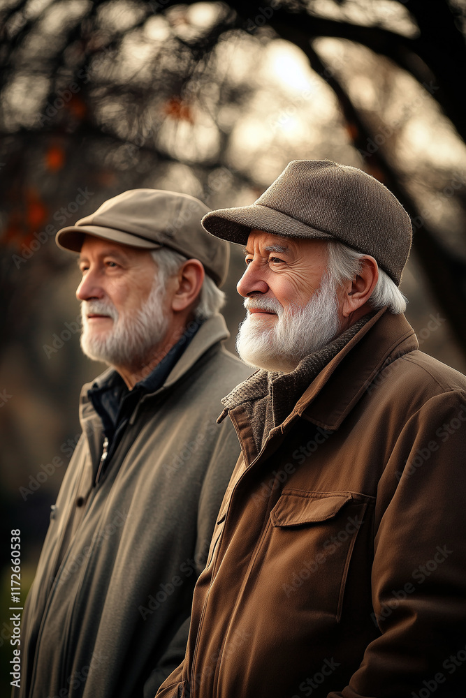 Portrait of two elderly men standing next to each other in a park. They smile gently as they look towards something outside the frame. Atmosphere of calmness and serenity Portrait of two elderly men standing next to each other in a park. They smile gently as they look towards something outside the frame. Atmosphere of calmness and serenity