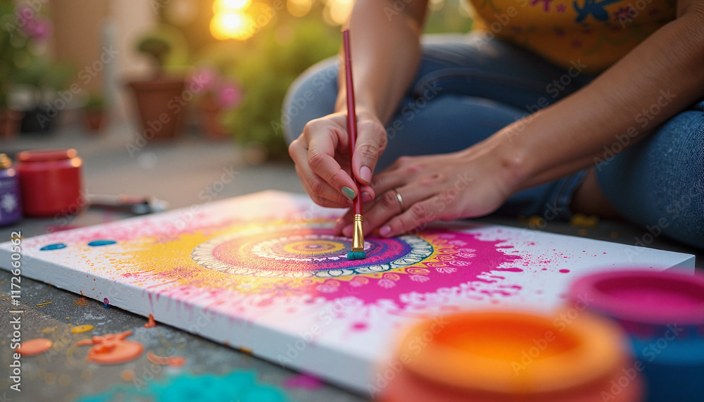 Fototapeta premium Holi. Woman painting colorful mandala on canvas outdoors
