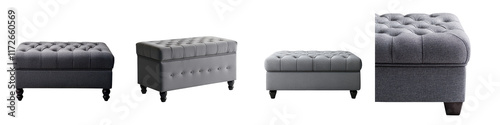 Elegant gray tufted and button detailed furniture pieces including a plush sofa chair and ottoman creating a cozy and luxurious living room decor and ambiance photo