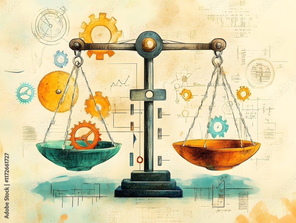 An artistic representation of balance with a scale, highlighting gears and mechanics, symbolizing fairness and precision in business decision-making. An artistic representation of balance with a scale, highlighting gears and mechanics, symbolizing fairness and precision in business decision-making.