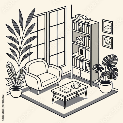 flat design illustration of a cozy living room wit