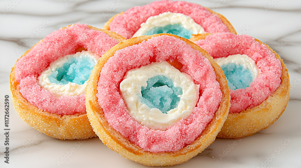 Obraz premium Colorful dessert cookies with pink and blue frosting, layered in a circular pattern, displayed on a marble surface.