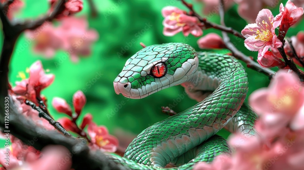 The Year of the Snake represented through Earth and nature themes, featuring the snake entwined with vines and blooming flowers, in a serene, green landscape The Year of the Snake represented through Earth and nature themes, featuring the snake entwined with vines and blooming flowers, in a serene, green landscape