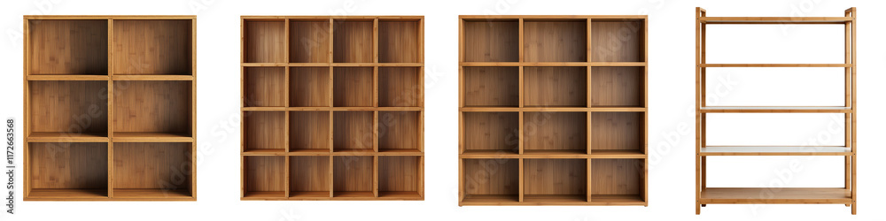 Empty wooden bookshelves and shelving units displayed in various minimalist and modern designs perfect for interior decor organization and storage solutions in home office or library settings Empty wooden bookshelves and shelving units displayed in various minimalist and modern designs perfect for interior decor organization and storage solutions in home office or library settings