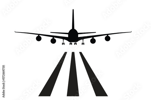 Icon of an airplane on landing lane on a white background