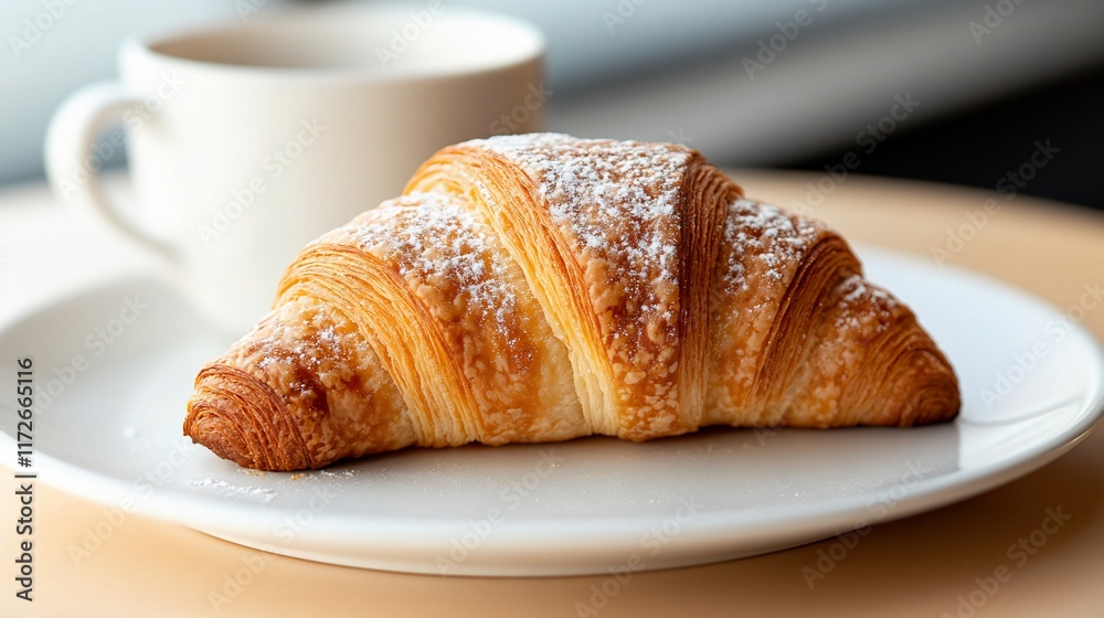 Buttery croissant with powdered sugar on a plate, next to a cup of coffee. Buttery croissant with powdered sugar on a plate, next to a cup of coffee.