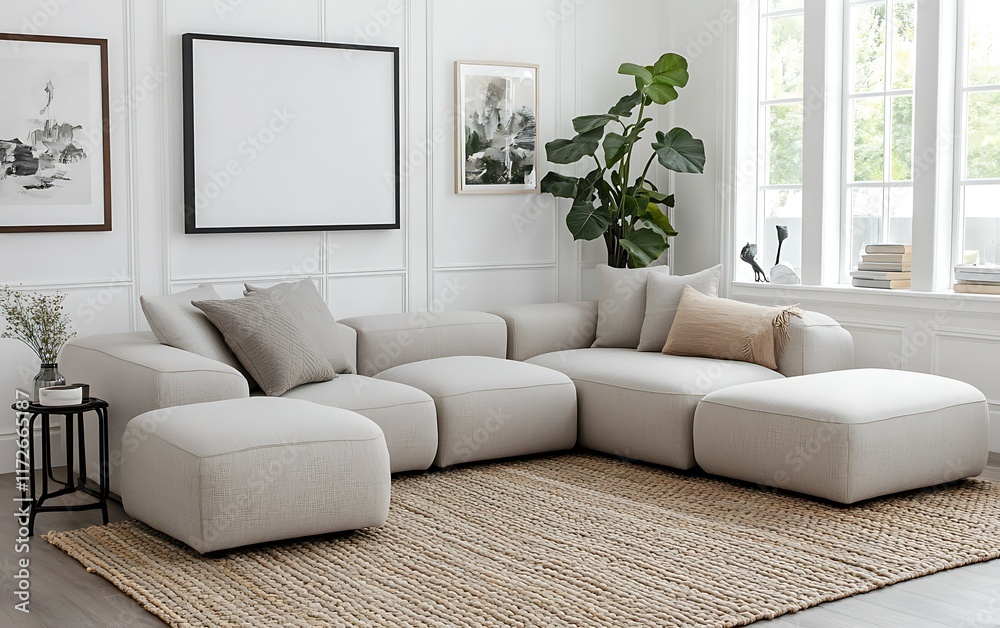 Fototapeta premium Modern sectional sofa in bright living room, plants, rug. Home decor, interior design.
