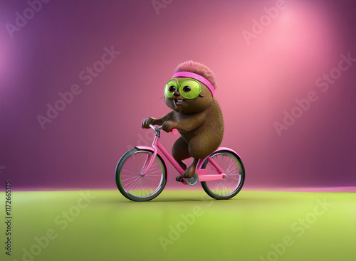 A cute, brown, furry creature wearing a pink headband and eye mask rides a pink bicycle on a green surface against a purple and pink background.  It's a fun, playful illustration. photo