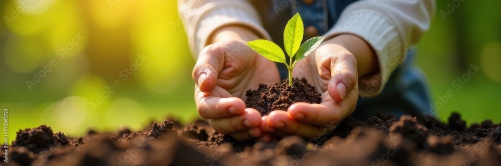 Two little hands nurturing a new plant, bright sunlight , future, sprout Two little hands nurturing a new plant, bright sunlight , future, sprout