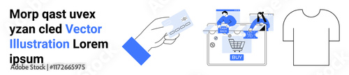 Hand holding credit card, shopping cart, people interacting during purchase, and a t-shirt. Ideal for e-commerce, retail, online payments, customer interaction, product showcase shopping experience
