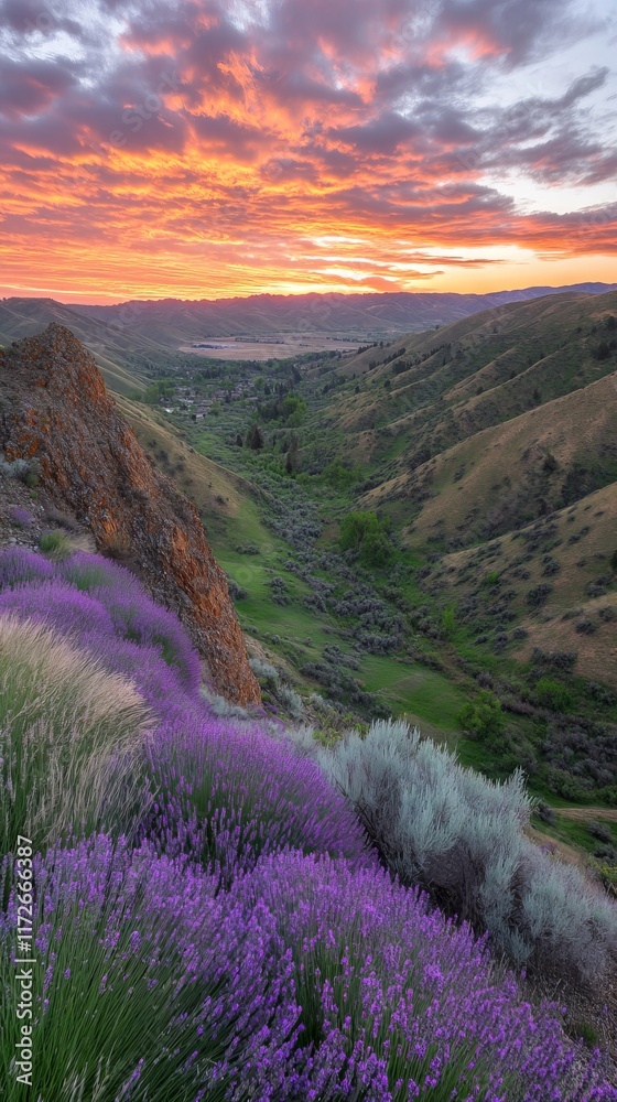 Fototapeta premium Lavender Blooms on Hillside at Sunset