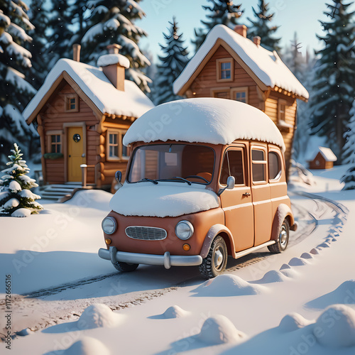 A small car is driving down a snowy road.