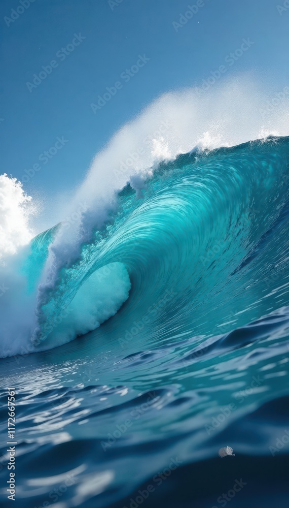 Fototapeta premium Giant wave curling, powerful surge, sea spray, impact, aqua