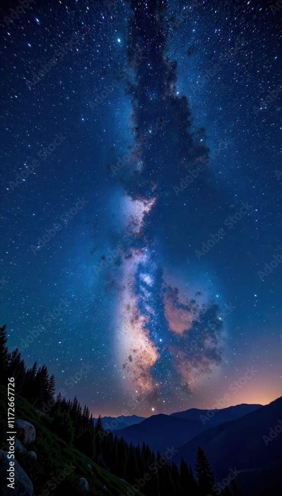 Obraz premium Vast night sky, countless stars in panoramic view, cosmic dust, calm