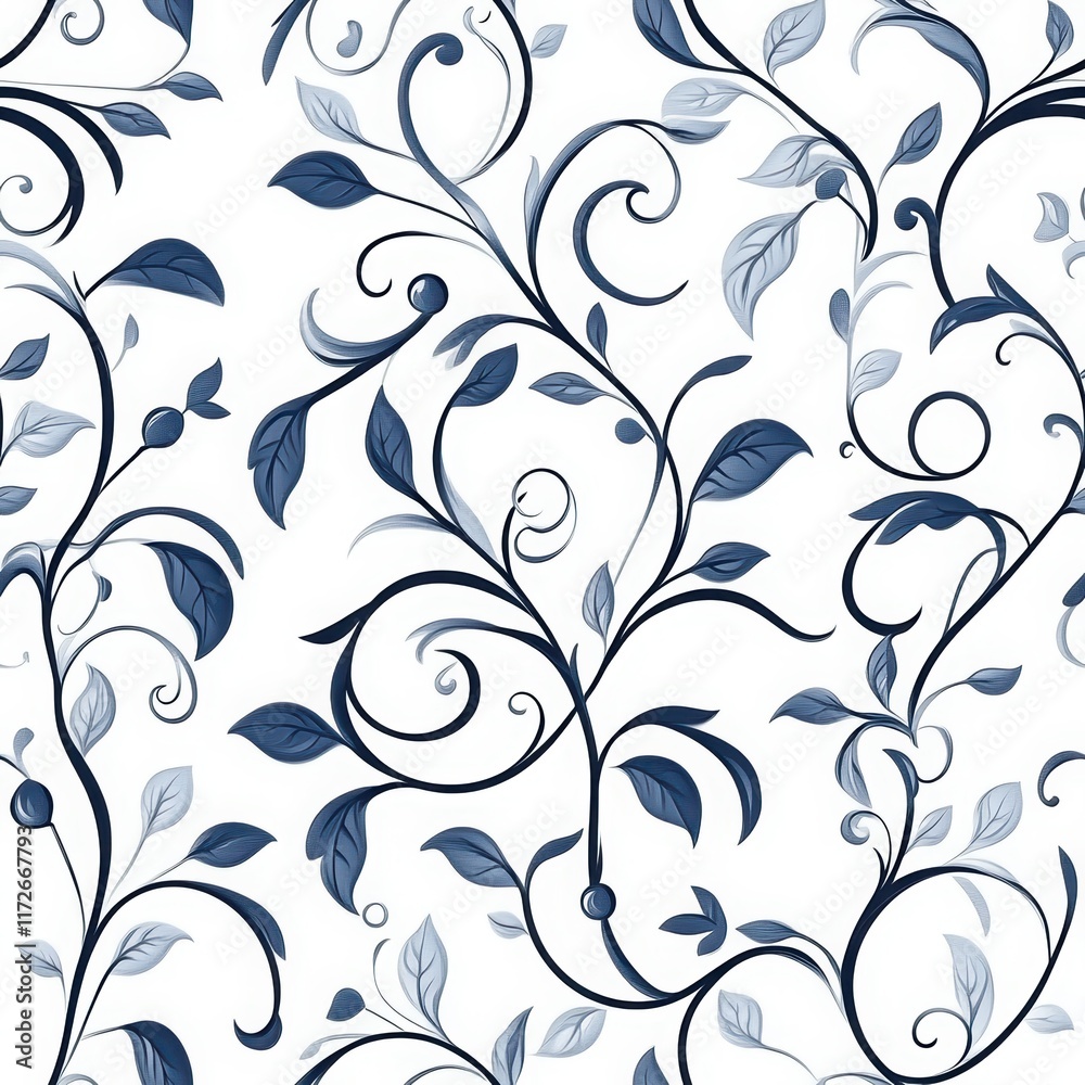 A delicate floral pattern featuring swirling vines and leaves in various shades of blue against a light background. seamless pattern A delicate floral pattern featuring swirling vines and leaves in various shades of blue against a light background. seamless pattern