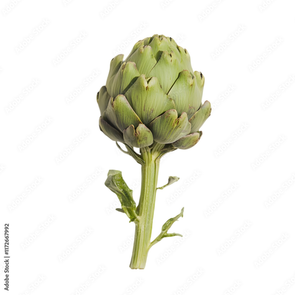 Fototapeta premium Vibrant green artichoke isolated on white background food photography studio setup bright lighting close-up view for culinary use