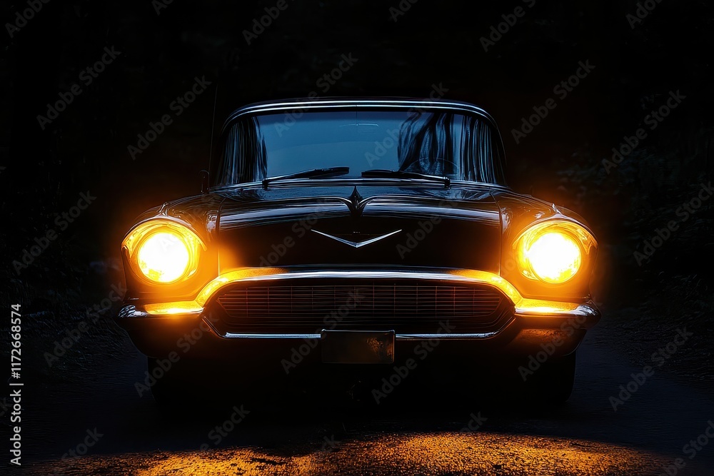 Obraz premium Classic black car with headlights shining brightly along a dark road at night