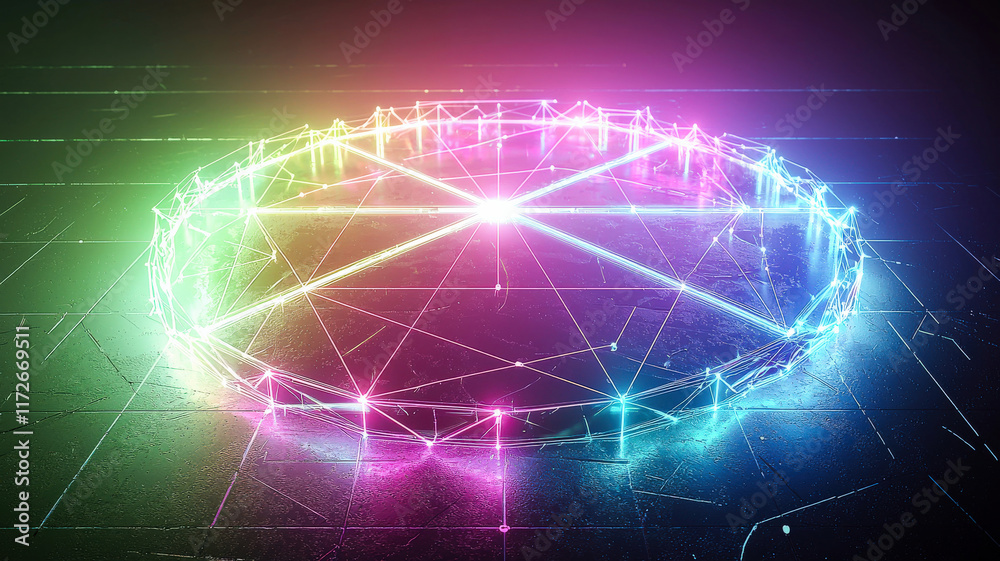 Fototapeta premium A multi-dimensional radar chart featuring vibrant neon gradients connecting the axes, surrounded by glowing data points, all set on a textured, reflective surface that enhances the visual impact.
