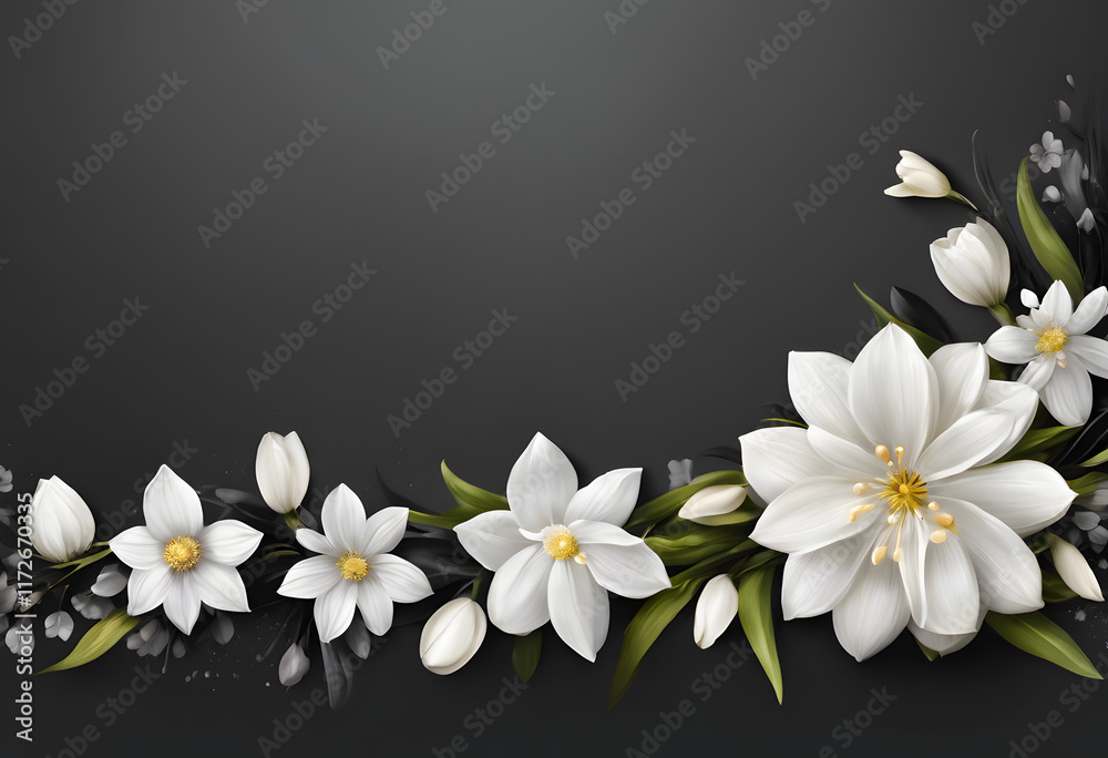 Obraz premium A beautiful floral border design featuring white flowers and green leaves on a dark background. The arrangement is symmetrical, creating a frame effect.