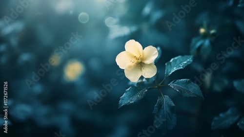 Serene Bloom: A Single Pale Yellow Flower Against a Deep Teal Foliage