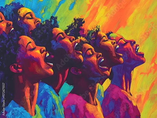 A vibrant and expressive painting featuring diverse human figures passionately singing together. The artwork captures emotion through dynamic colors and powerful visual rhythm. photo