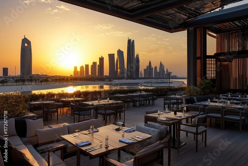 Luxurious dining experience with sunset views over Dubai's skyline and modern architecture photo