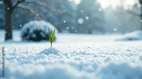 A resilient sprout emerges from the winter snow, symbolizing hope and perseverance in a serene, snow-covered landscape.