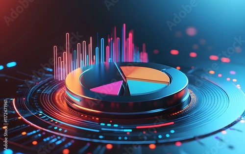 A vibrant digital pie chart showcases data visualization with colorful segments and dynamic graphs representing trends, emphasizing the importance of analytics in modern technology