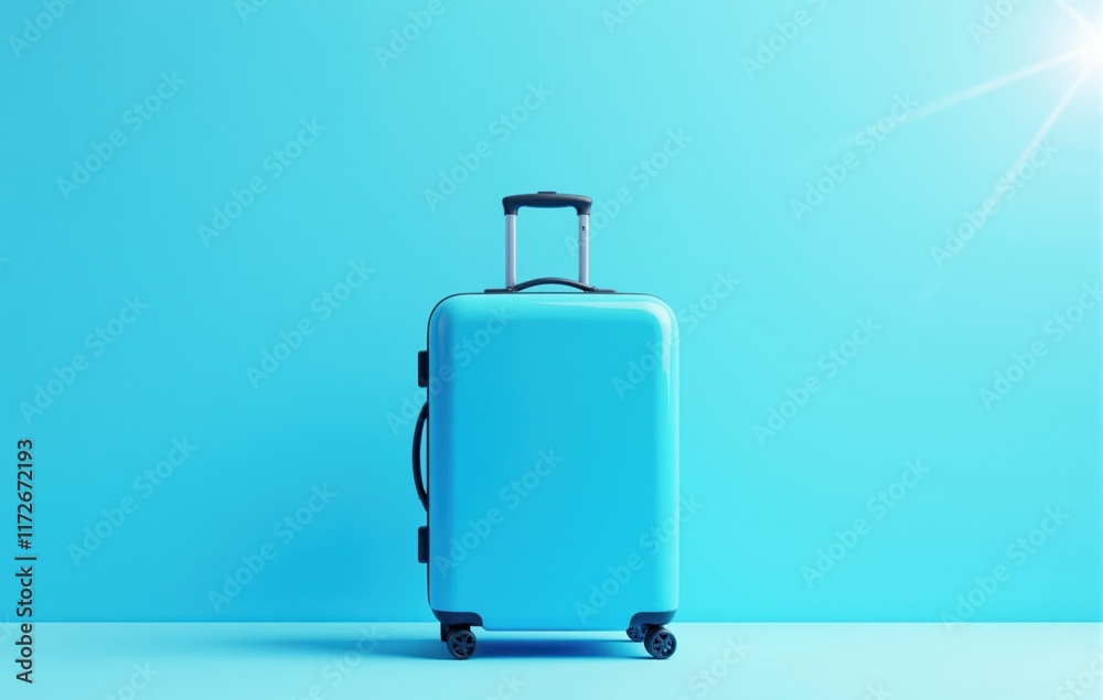 Light blue suitcase standing on floor against vivid blue background with sun flare Light blue suitcase standing on floor against vivid blue background with sun flare