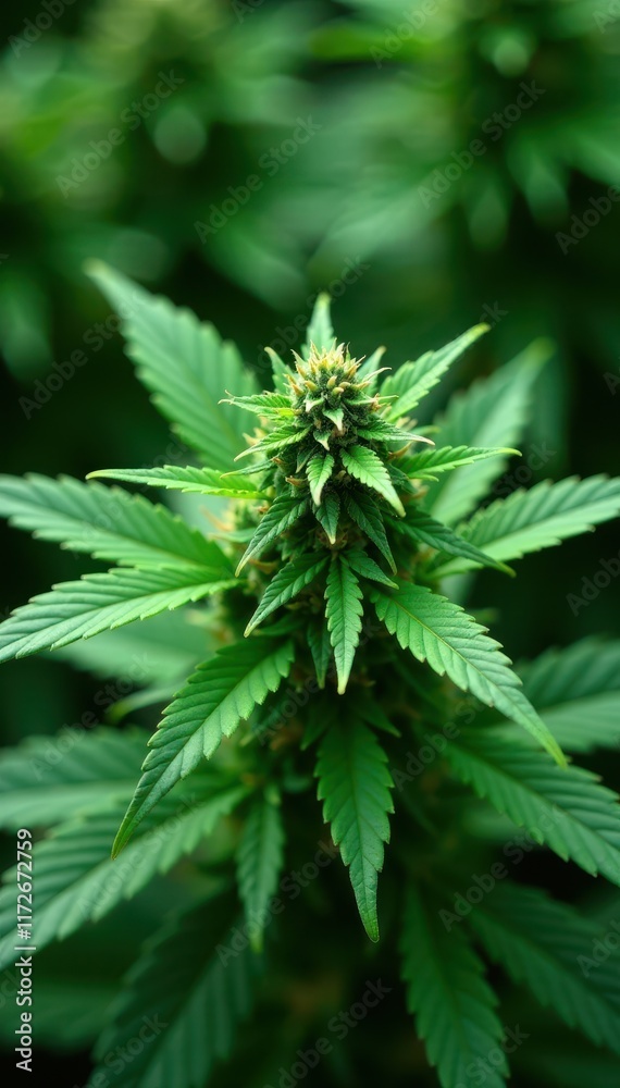 Fototapeta premium Intricate cannabis leaf detail, vibrant green hues, growth, organic