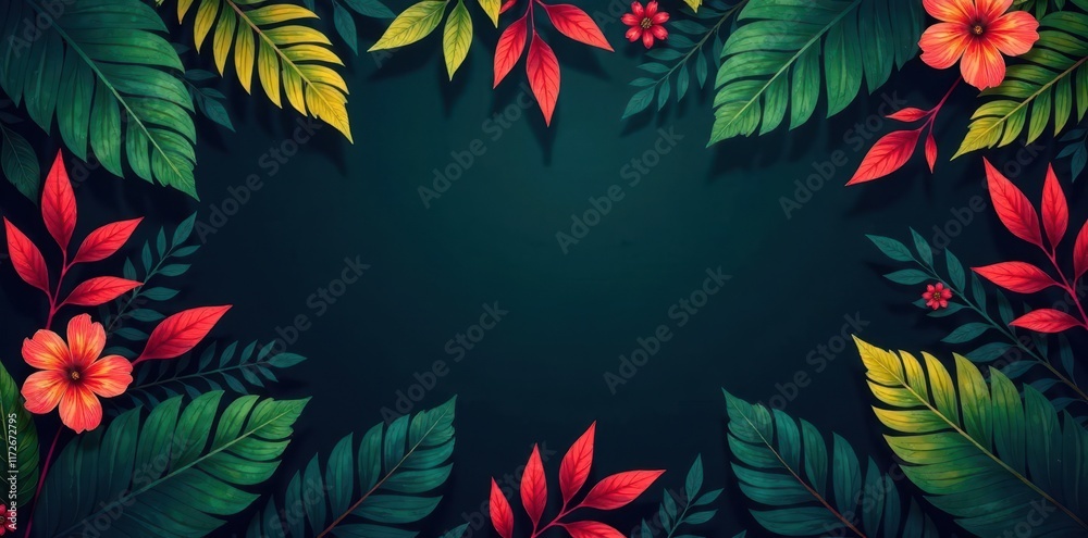 Dark background, lush exotic leaves, repeating pattern, elegant, leaves