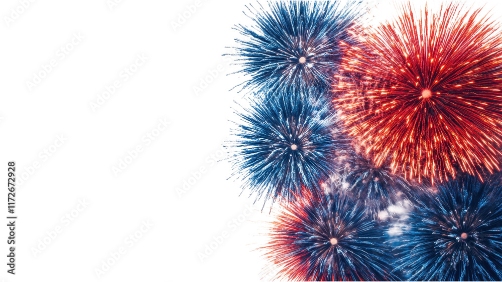 Fototapeta premium Minimalist firework display on a clean white background, emphasizing vibrant colors and intricate patterns in a spacious format.