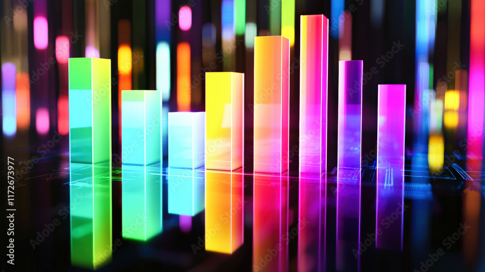 A multi-layered 3D bar chart with bright, glowing bars stacking dynamically on a reflective surface, showcasing a futuristic presentation of complex data and analytics. A multi-layered 3D bar chart with bright, glowing bars stacking dynamically on a reflective surface, showcasing a futuristic presentation of complex data and analytics.