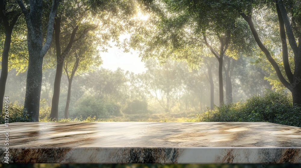 Obraz premium Rustic Wooden Table with Apple Orchard in the Background