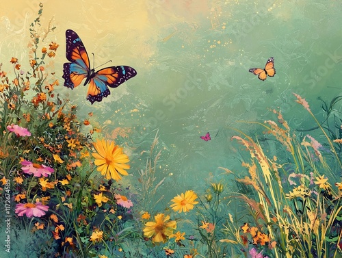 Banner with a vibrant summer landscape flowers grass and butterflies photo