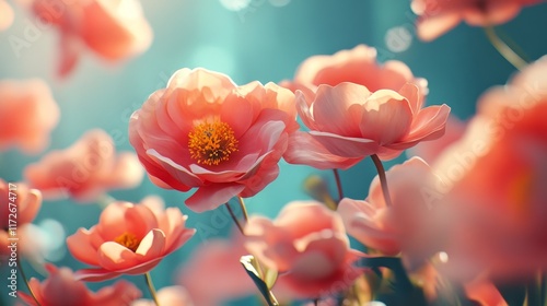 A breathtaking field of delicate coral flowers bathed in sunlight, creating a serene and idyllic scene.