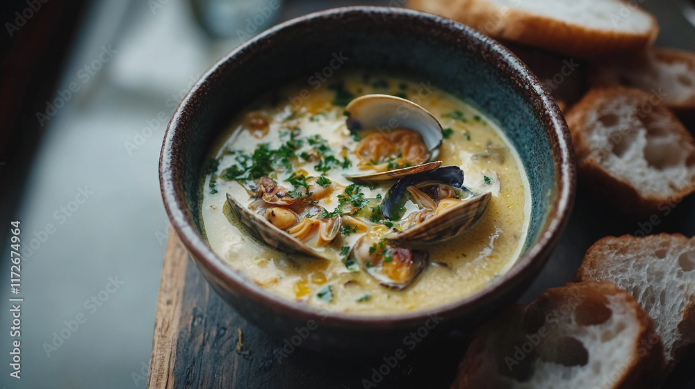 Savory clam chowder served with fresh bread on a rustic wooden table Savory clam chowder served with fresh bread on a rustic wooden table