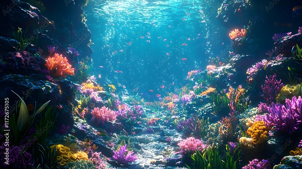 Naklejka premium Vibrant coral reef teeming with diverse marine life in the underwater world