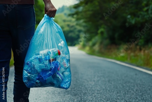 Person carrying bag of plastic bottles on road