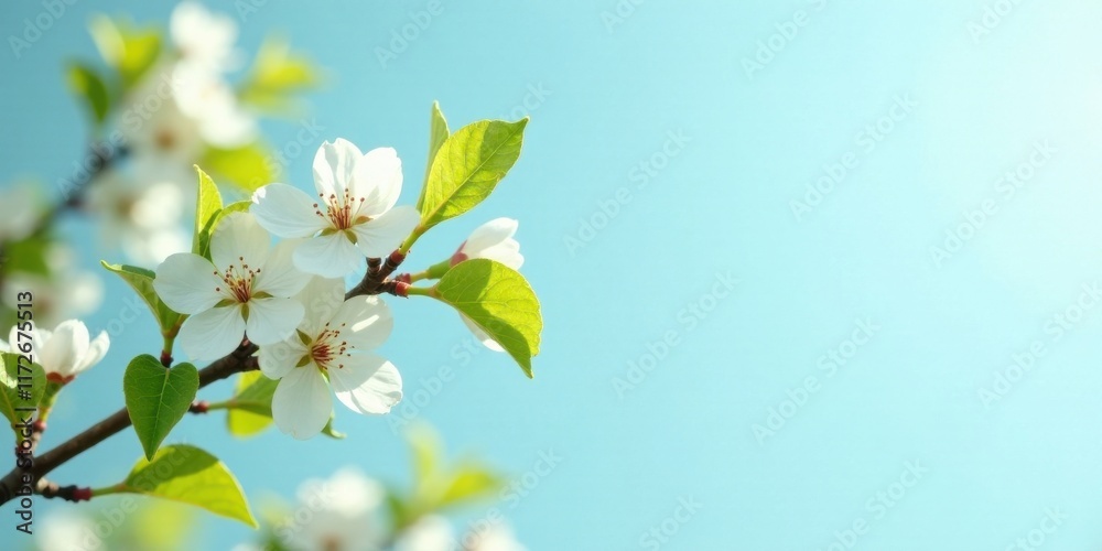 Fototapeta premium Springtime Blossoms Delicate White Flowers on a Branch Against a Soft Blue Sky