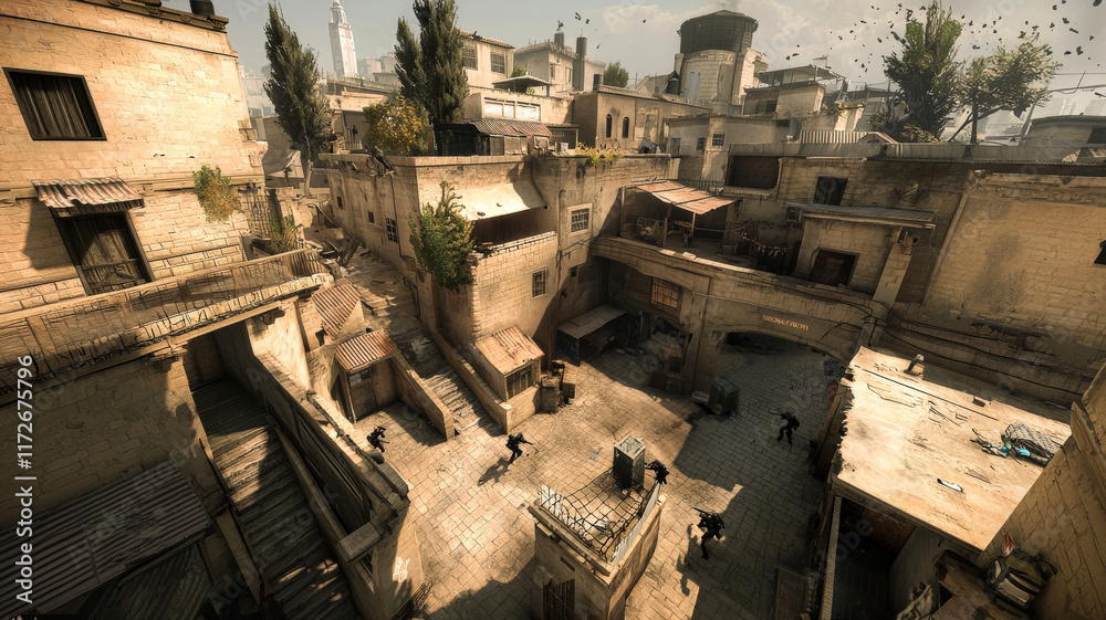 A multiplayer FPS level set in a sprawling urban warzone, featuring players engaged in intense battles among narrow streets, rooftops, and destructible environments.