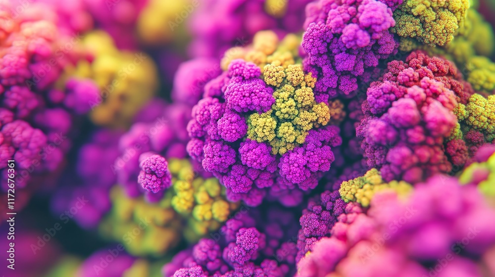 Vibrant romanesco cauliflower close-up with purple and yellow hues Vibrant romanesco cauliflower close-up with purple and yellow hues