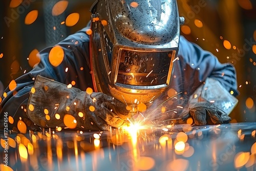 Welder using protective gear to safely weld metal in industrial workshop environment