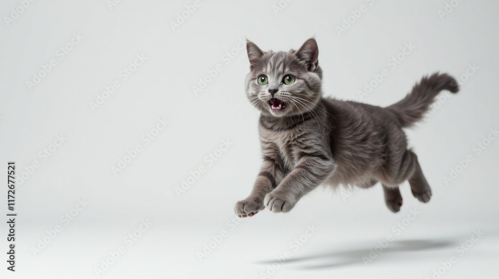 Obraz premium A playful grey kitten leaps gracefully through the air, exhibiting youthful energy and feline agility on a clean white background.