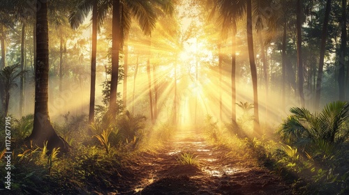 Golden sunlight streaming through lush forest trees in serene morning landscape